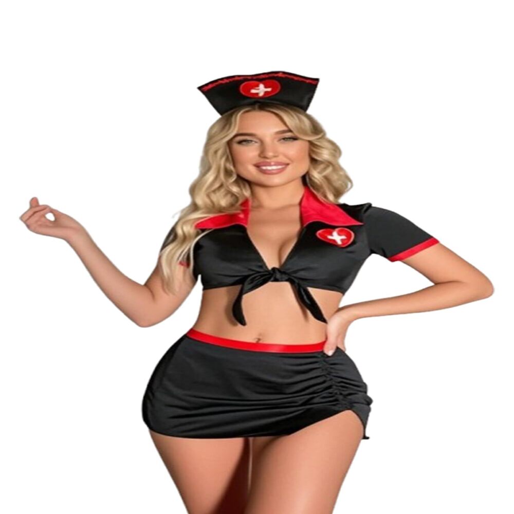 6917 Black Sexy Nurse Costume Lingerie Set 4Pcs-Sexy Halloween Costume